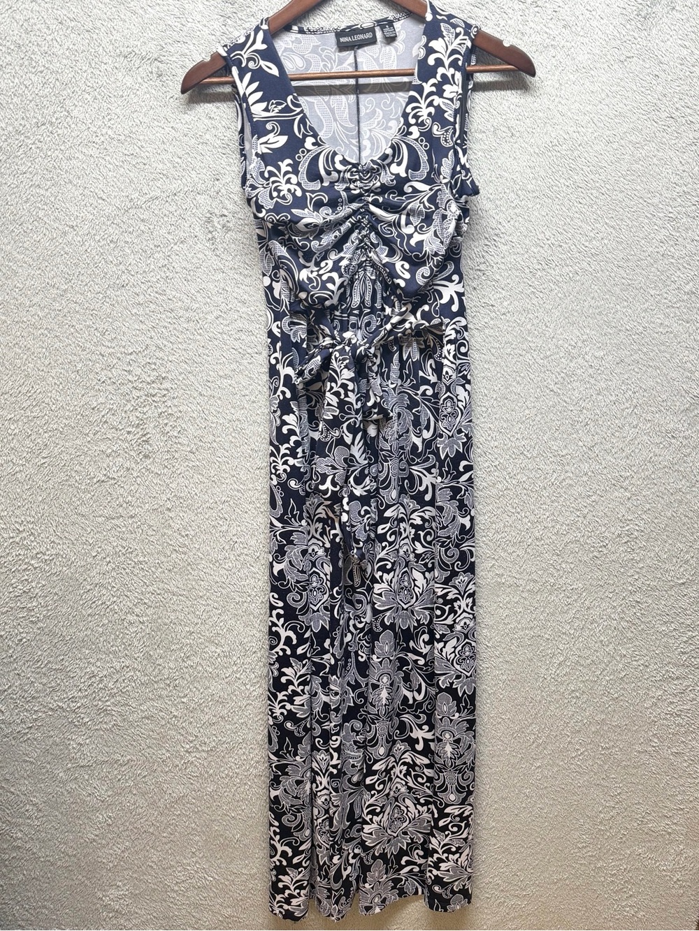 Nina Leonard Navy & White Floral Damask Ruched Maxi Dress